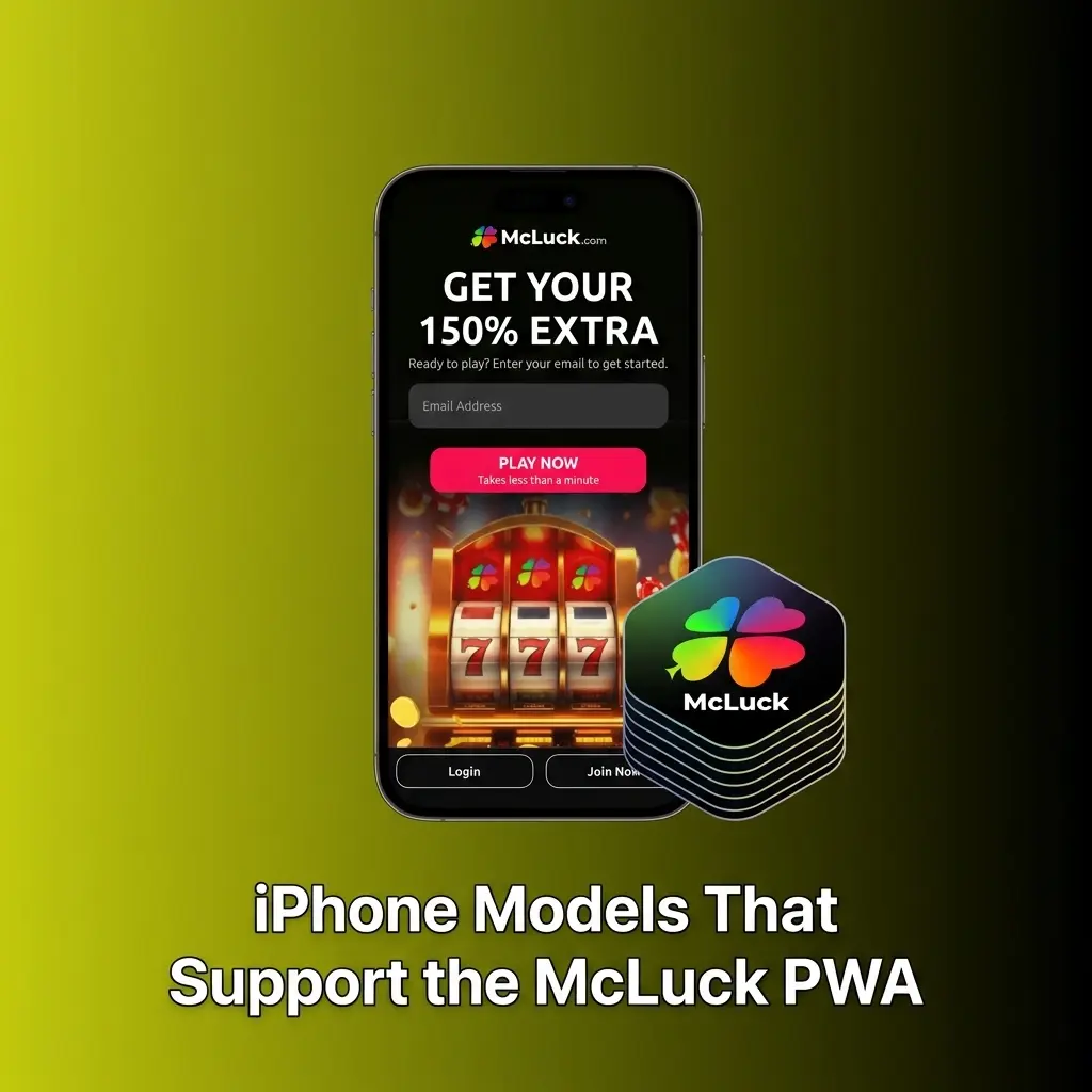 iPhone models compatible with McLuck PWA via Safari, including iPhone 12 through iPhone 16 series running iOS 14 or later