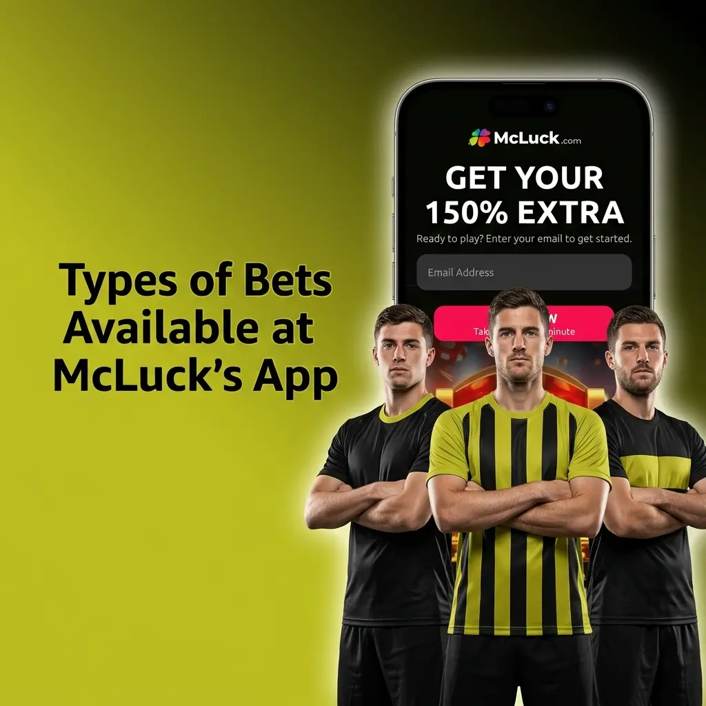 McLuck app bet types including singles, parlays, trebles, system bets, and live in-play wagering options